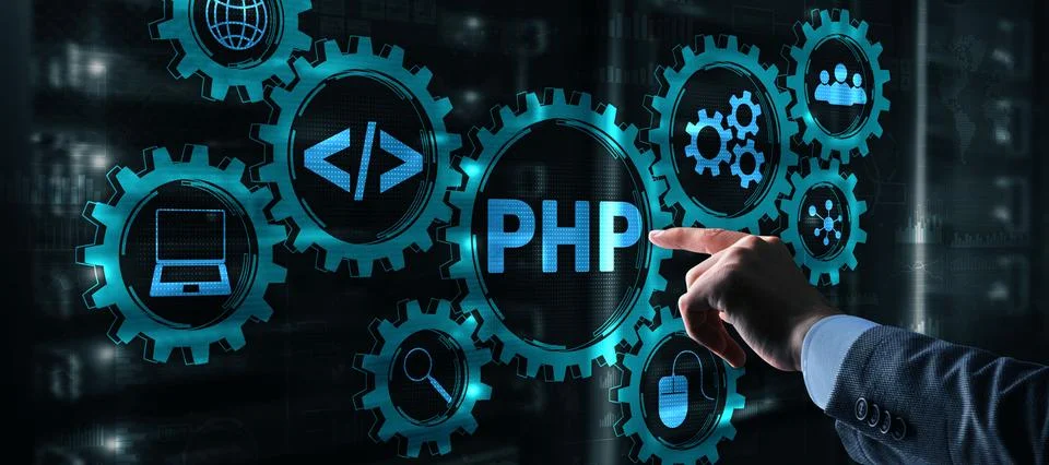 Businessman is pressing on the virtual screen php Stock Photos