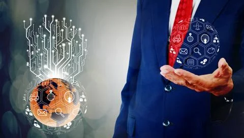 Businessman programing and control on hand and digital tree growth at world 스톡 사진