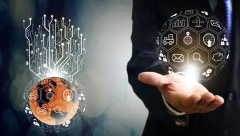 Businessman programing and control on hand and digital tree growth at world,  Foto stock
