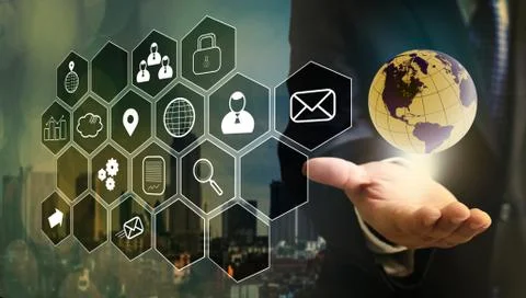 Businessman programing and control with virtual board floating in the air Foto stock