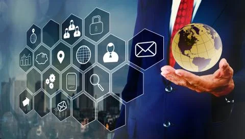 Businessman programing and control with virtual board floating in the air Foto stock