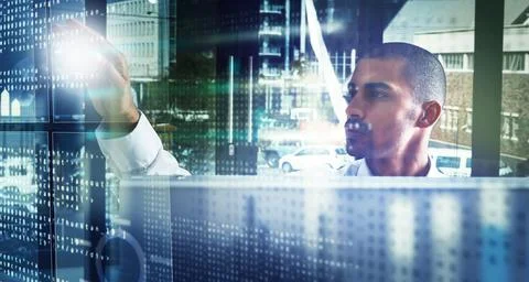 Businessman, programmer or code with hologram HUD for software development .. Stock Photos