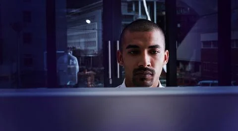 Businessman, programmer or night with computer for software development or .. 스톡 사진