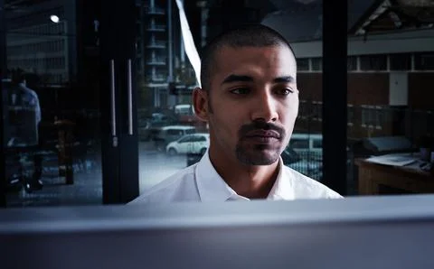 Businessman, programmer or night with computer for coding, software develop.. Stock Photos