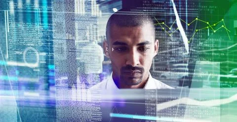 Businessman, programmer or UI interaction with HUD for software development.. Stock Photos