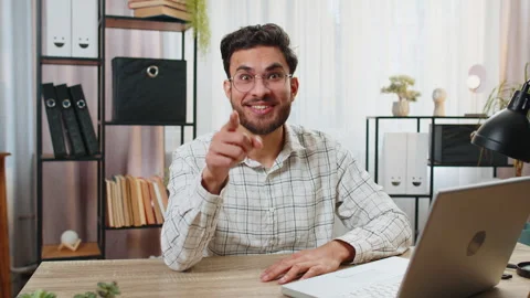 Businessman programmer software developer pointing to camera making choice happy Stock Footage 265013608