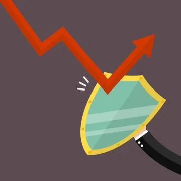 Businessman is protected by a shield from graph down Stock Illustration