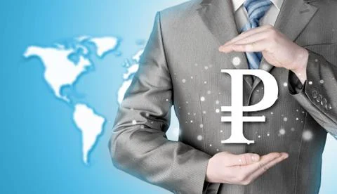 Businessman protecting ruble  symbol Stock-Illustration