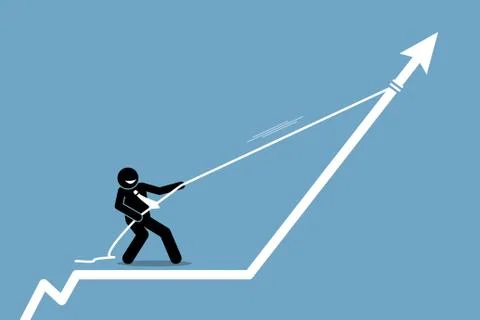 Businessman pulling arrow graph chart up with a rope. Illustrazione stock