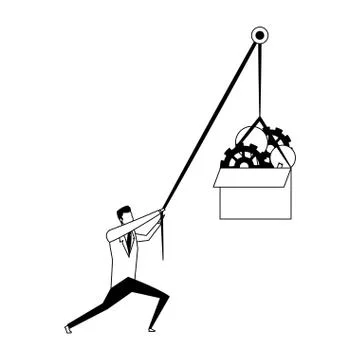 Businessman pulling box with gears and bulb inside in black and white 스톡 일러스트