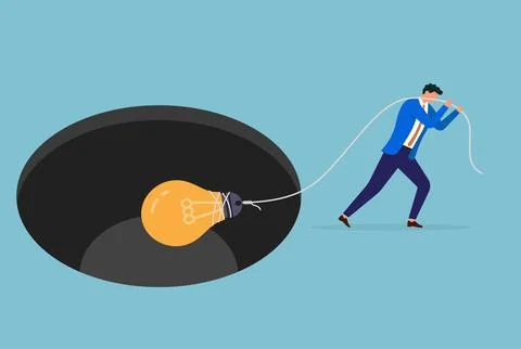A businessman pulling a bulb out of a dark hole with a rope Illustrazione stock