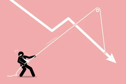 Businessman pulling a falling arrow graph chart from further dropping down. Stock Illustration