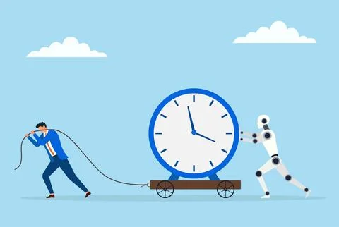 A businessman pulling a large clock on a trolley and robot help him Stock Illustration