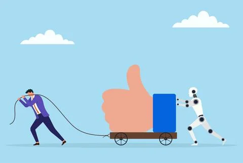 A businessman pulling a large like icon on a trolley and robot help him Stock Illustration