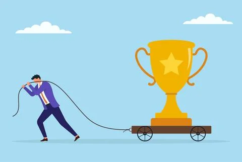 A businessman pulling a large trophy on a trolley with a rope Stock Illustration