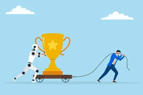 A businessman pulling a large trophy on a trolley and robot help him Stock Illustration