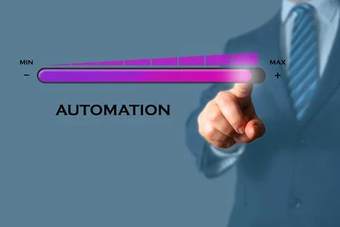 Businessman pulling up progress slider indicating level of automation. Illustrazione stock