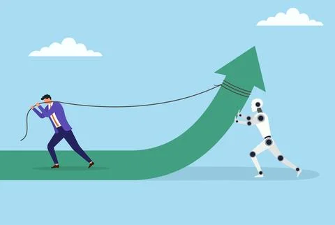 A businessman pulling a rising path with a rope, asset robot Stock Illustration