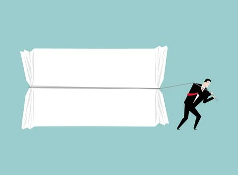 Businessman pulling space for text. Man pulls white sheet. Stock Illustration