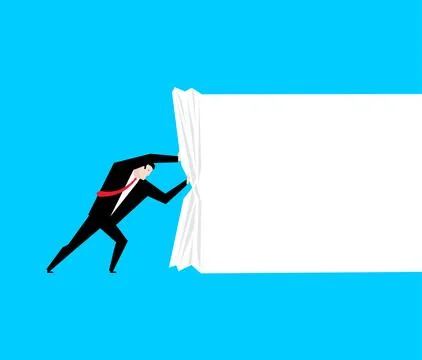 Businessman pulling space for text. Man pulls white sheet. Stock Illustration