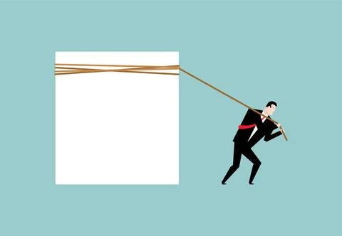 Businessman pulling space for text. Man pulls white sheet. Stock Illustration