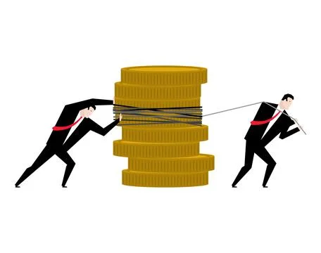 Businessman pulling Stack of coins. Man pulls money. Profit making concept... Stock Illustration