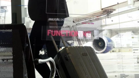Businessman pulling suitcase through glass wall at gate, activating map, HUD Vidéo 310993593