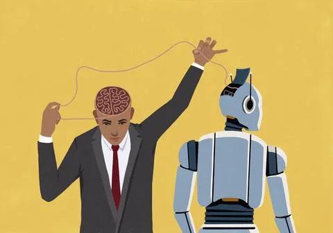 Businessman pulling at thread connecting his brain and open head of AI robot on Stock Illustration
