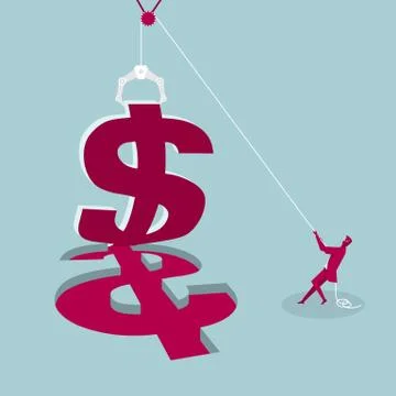 Businessman pulls up dollar sign using pulley,The background is blue. Stock Illustration