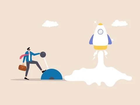Businessman Pulls the lever to launch the rocket Stock Illustration