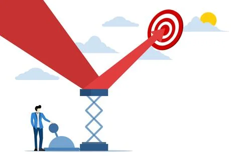Businessman pulls lever to push graph towards target. businessman. success. Illustrazione stock