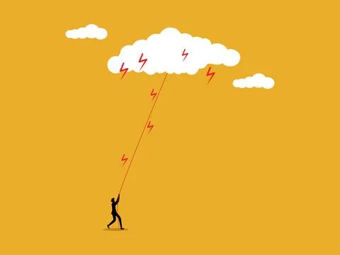Businessman pulls a rope to attract lightning and clouds Stock Illustration