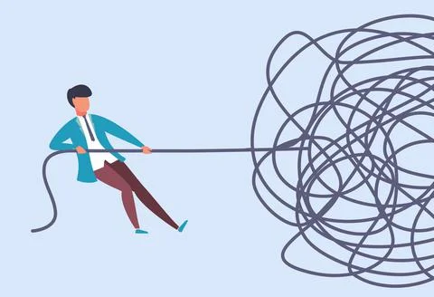 Businessman pulls rope. Complex problem solving concept. Find start at challenge Illustrazione stock