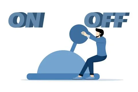 Businessman pulls the switch as hard as he can to turn it on 스톡 일러스트