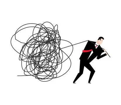 Businessman pulls tangled ball. Concept to untangle thoughts Stock Illustration