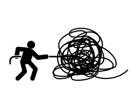 Businessman pulls tangled ball. Concept to untangle thoughts Stock Illustration