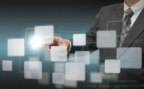 Businessman push buttons and source code Stock Photos