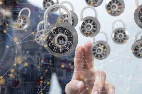 Businessman pushes a button Information technology protection with firewall icon Stock Photos