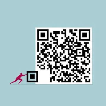 Businessman pushes the QR code. Isolated on blue background. Illustrazione stock