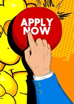 Businessman pushing Apply now button with his index finger. Text, sign. Jobs, Illustrazione stock