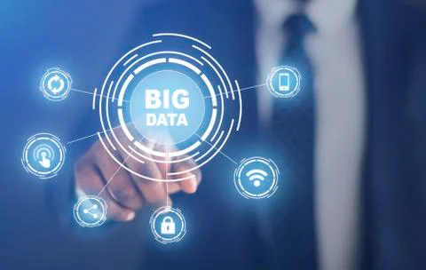 Businessman pushing with Big Data button with computer pictograms, creative 스톡 사진