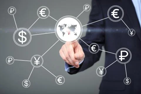 Businessman pushing button with dollar map currency web icon. technology Stock Photos