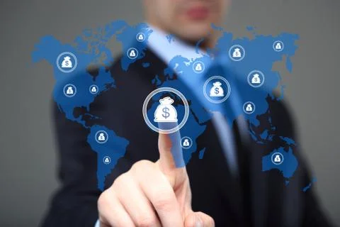 Businessman pushing button with dollar map currency web icon. business Stock Photos