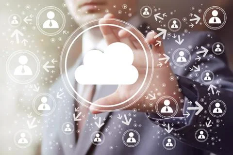 Businessman pushing button web cloud icon sign Stock Illustration