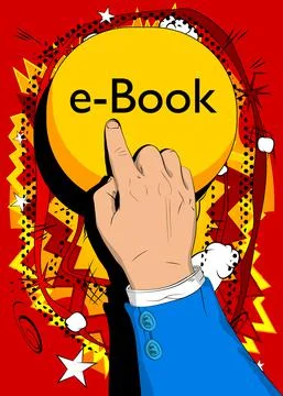 Businessman pushing E-book text button with his index finger. Comic book styl Stock Illustration