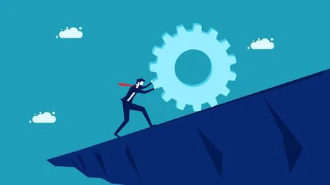 Businessman pushing gear up a hill. commitment concept vector illustration. Illustrazione stock
