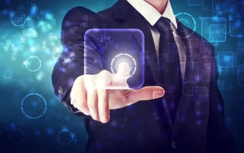 Businessman pushing icon button Stock Photos