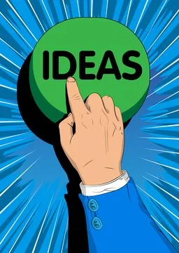 Businessman pushing Ideas button with his index finger. Comic book style conc Illustrazione stock