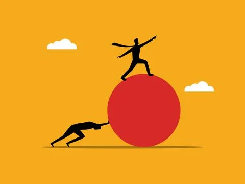 Businessman pushing a round object with his strategy leader 스톡 일러스트