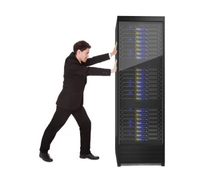 Businessman pushing server rack Stock Photos